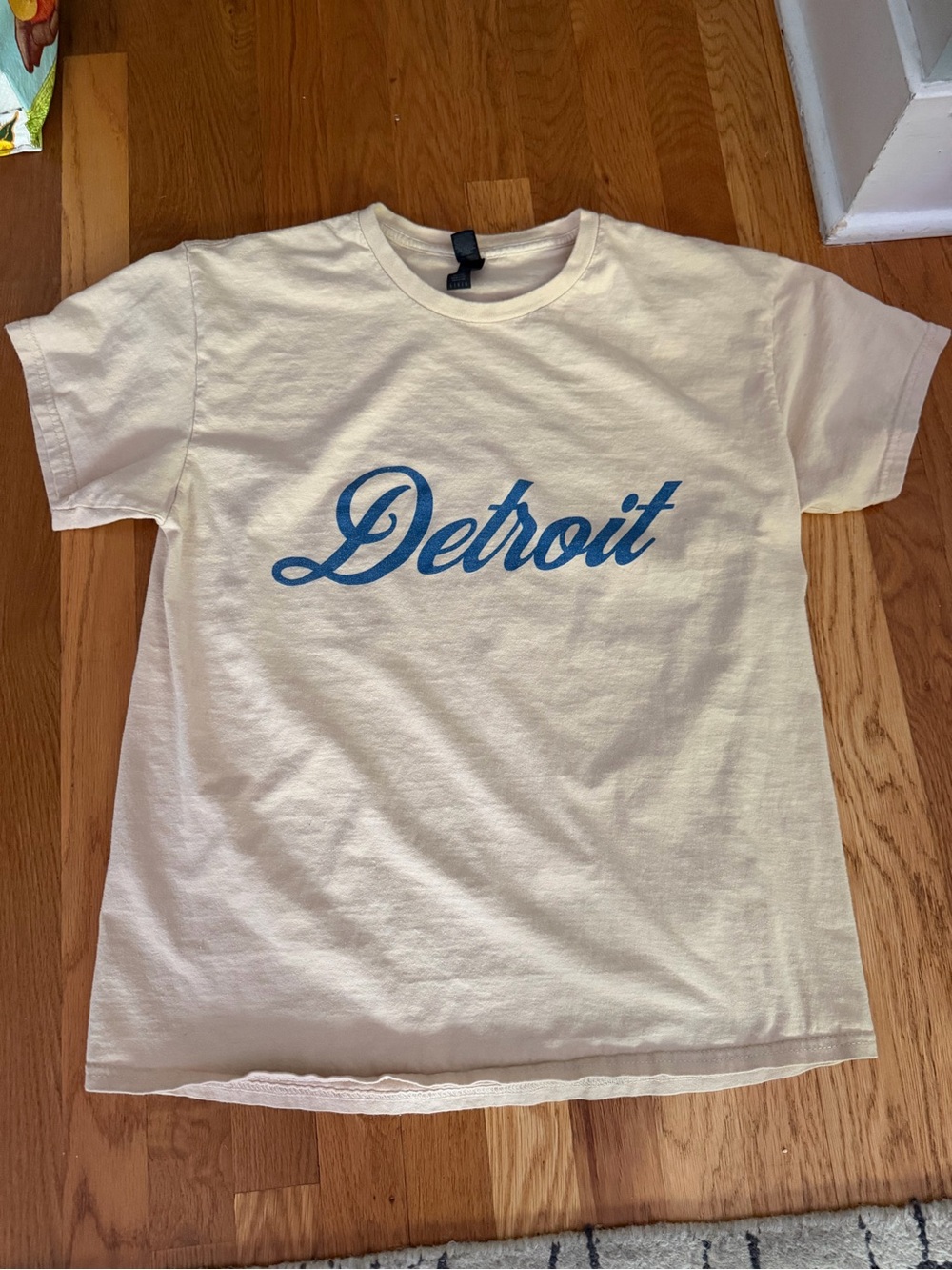 Detroit Script Graphic Tee in Cream with Blue Print